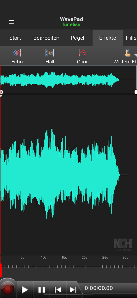 WavePad Musik & Audio Editor - Interfaz de la aplicación WavePad que muestra una forma de onda de audio de color cian brillante y una barra de herramientas con efectos de audio como eco y sala.
