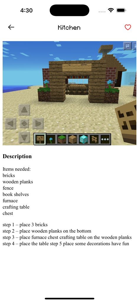 Furniture Guide for Minecraft! - A mobile screen showing building instructions and a material list for a Minecraft kitchen