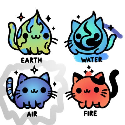 4 cats that represent the different elements, earth, water, air, and fire