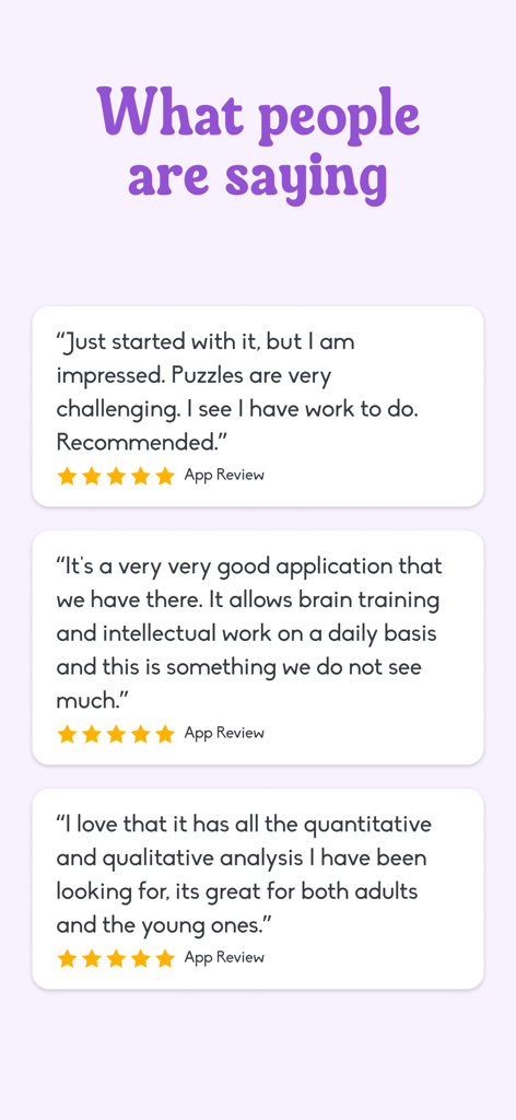 Simbo - IQ & Brain Training - Positive customer reviews and five star ratings for Simbo IQ and brain training app