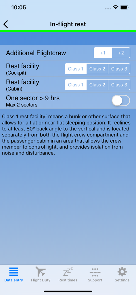 EASA vs Airline FTL app screen for configuring in-flight rest and crew facility classes