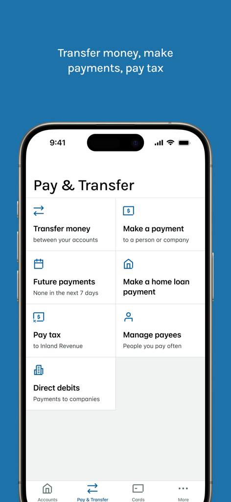 NZHL Mobile Banking - NZHL Mobile Banking app interface displaying the Pay and Transfer screen with options for home loan payments and tax transfers.