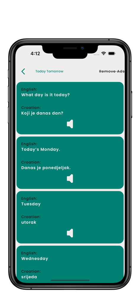 Écran d'une application de langue croate montrant des traductions anglais-croate pour les jours de la semaine et les phrases courantes avec des icônes audio.