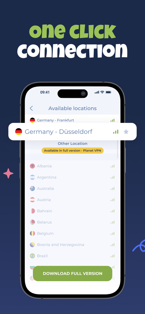 iPhone screen showing the Germany VPN app location list with Dusseldorf selected and a one-click connection headline