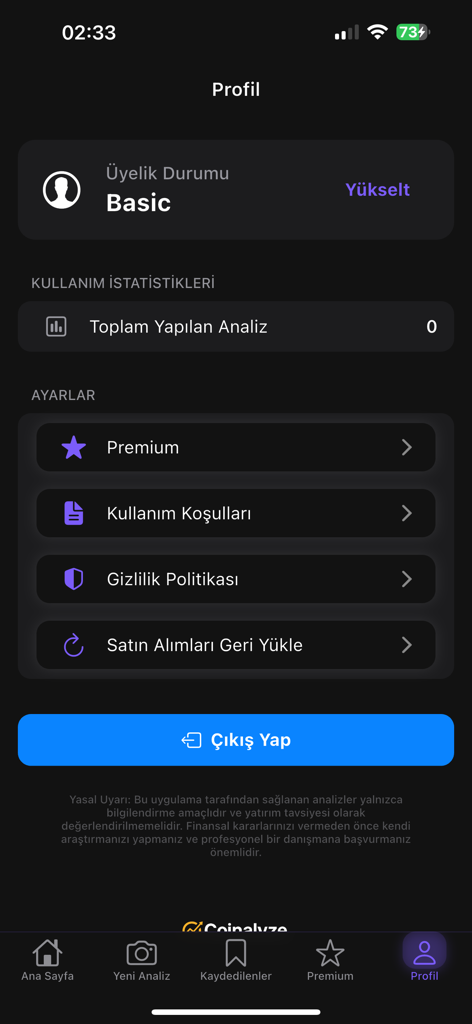 Coinalyze app profile screen showing membership status and settings options
