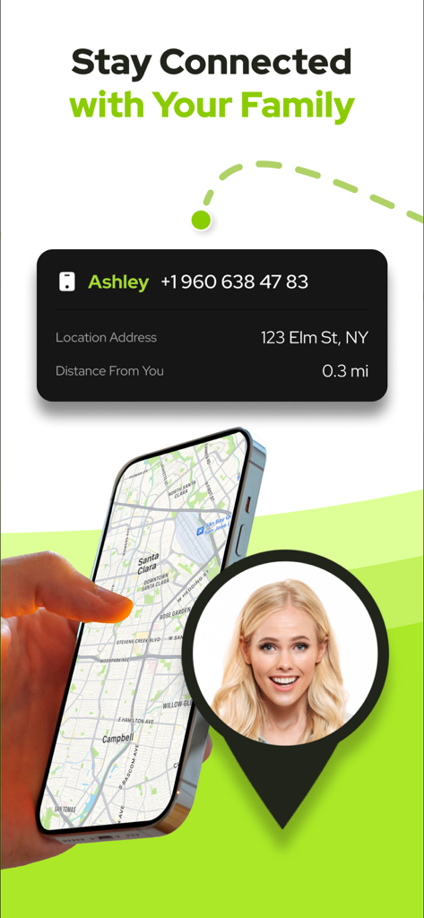 Mobile app screen showing a family member's real-time location and distance on a map