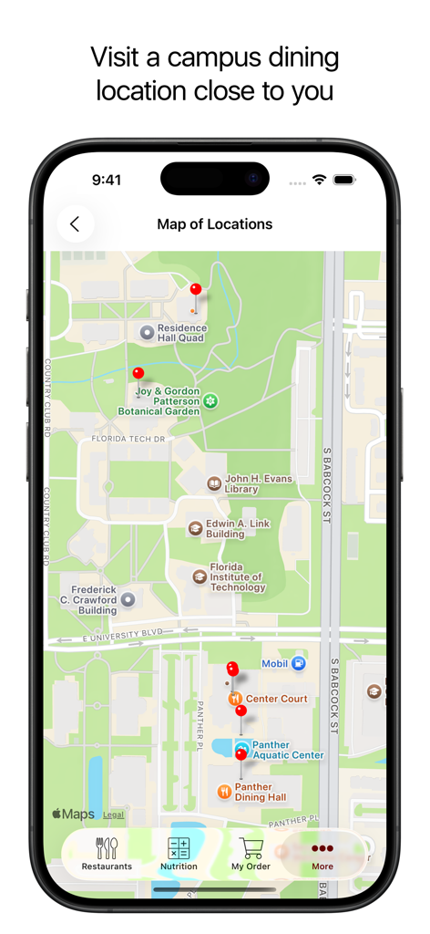 Florida Tech Campus Dining - Florida Tech Campus Dining app showing a map of restaurant locations on campus