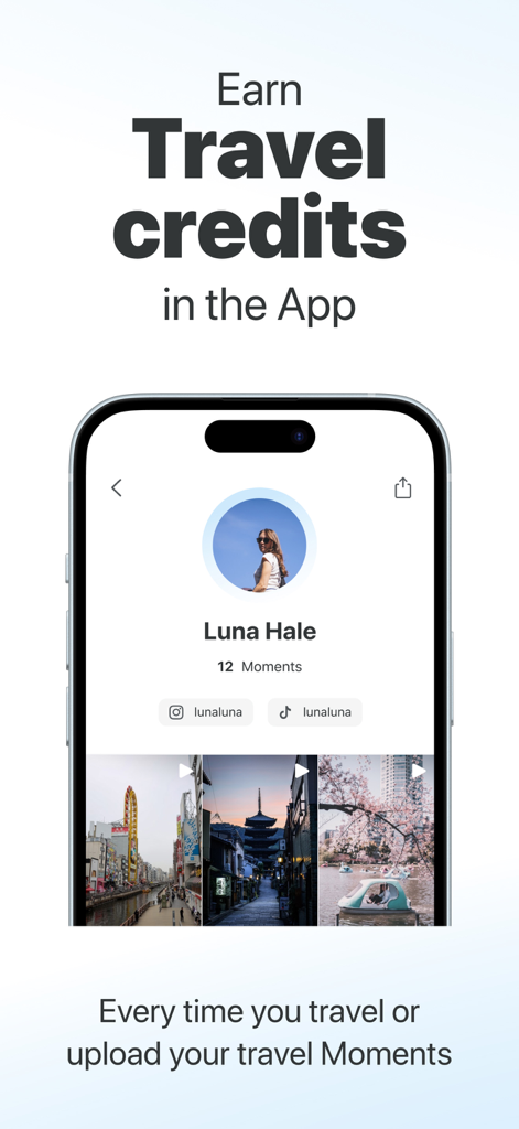 TourRadar: Tours & Adventures - Pantalla de la aplicación TourRadar mostrando cómo ganar créditos de viaje compartiendo momentos de viaje y reservando viajes