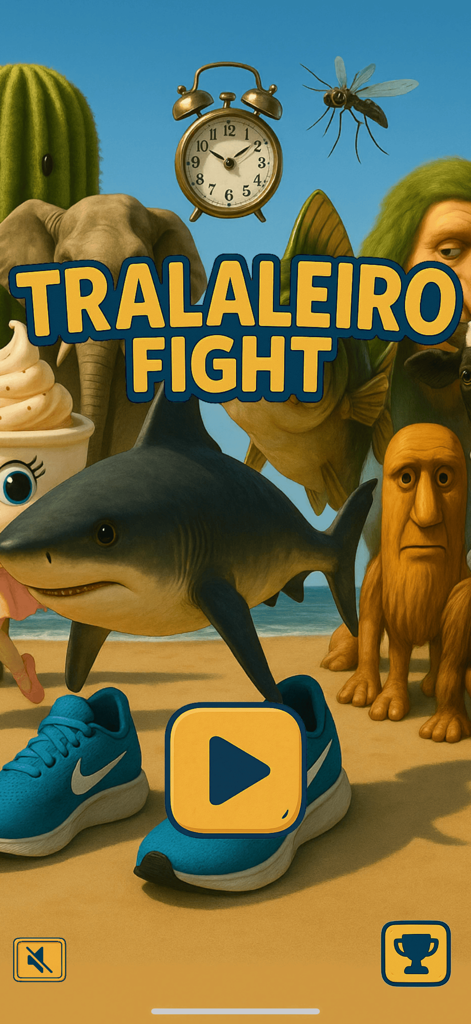 Tralalero Fight - Tralalero Fight start screen featuring surreal AI-generated meme characters including a shark, a cactus, and an elephant.