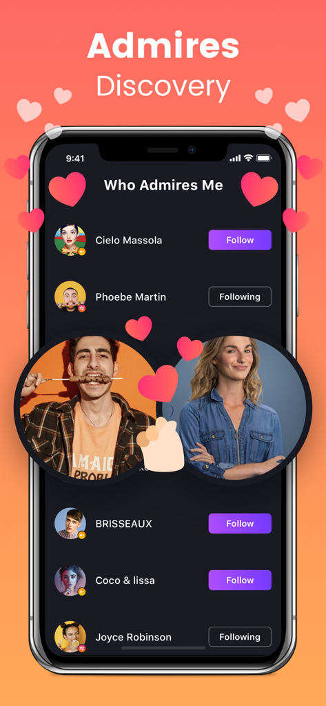 Ig Followers Reports - Instagram分析アプリのモバイルインターフェースで、プロフィール写真とフォローボタンが付いた「私を賞賛する人」セクションの下にユーザーのリストが表示されています