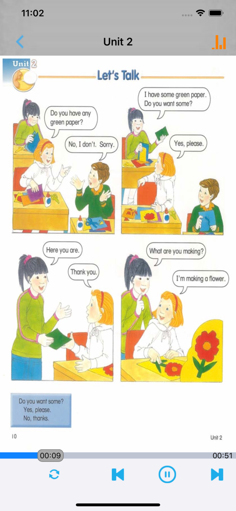 Screenshot of Let's Go 3 app showing an interactive English conversation lesson about school supplies