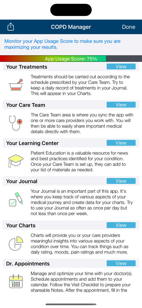 Panel principal de la aplicación COPD Manager que muestra secciones de manejo de la salud como tratamientos, diario y gráficos.