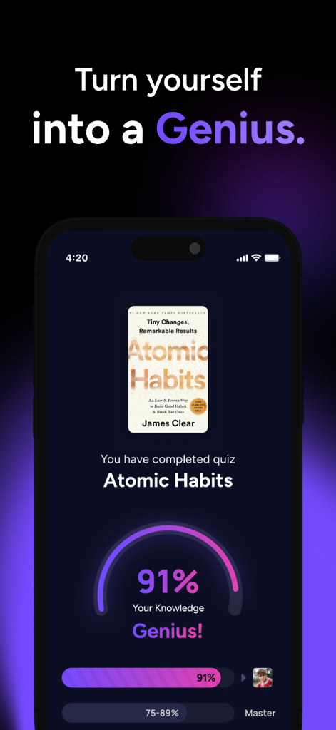 Bookgenius: Read Books Faster - BookGenius app screen showing a ninety one percent quiz score for the book Atomic Habits