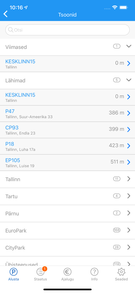 PARGI.EE - Lista de zonas de estacionamiento en la aplicación PARGI.EE para Estonia
