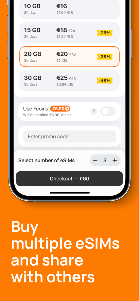 Checkout screen of the Yesim app showing different data plan options and a feature to buy multiple eSIMs at once