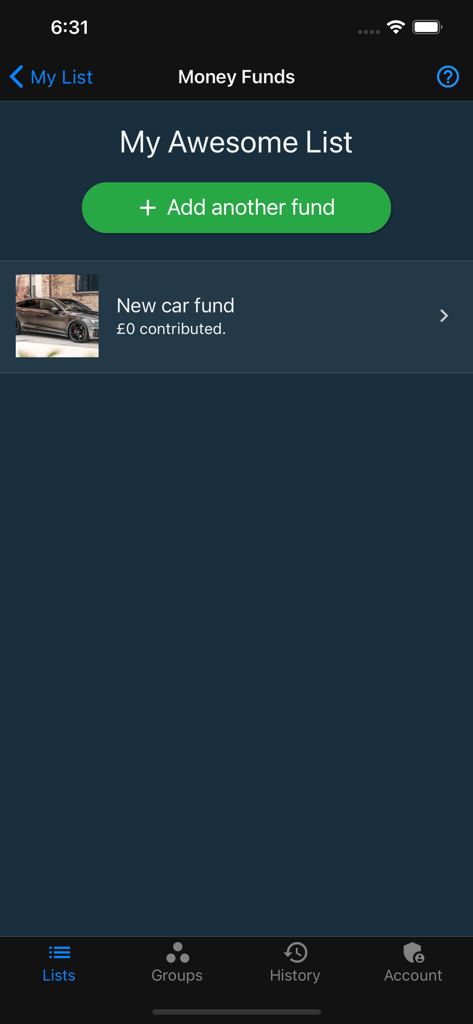Things To Get Me - A screen in the Things To Get Me app displaying a money fund for a new car within a personalized gift list