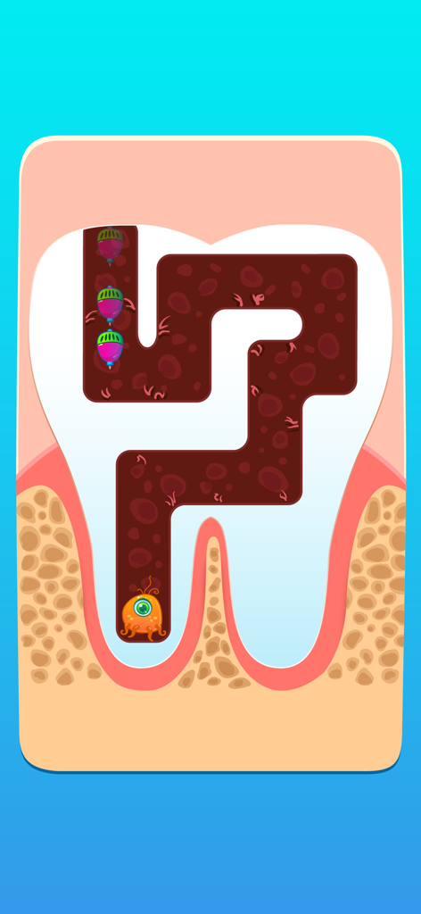 A cartoon cross-section of a tooth showing a mini-game maze with a small germ monster inside the root canal