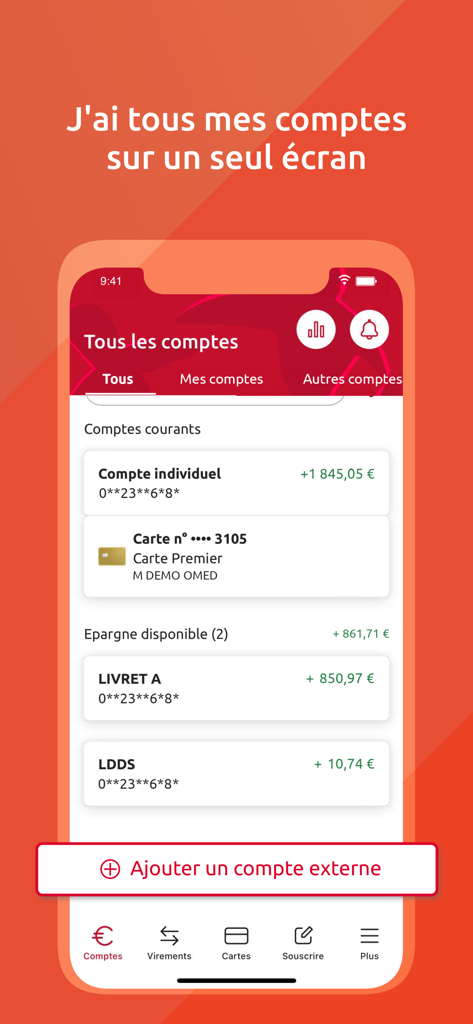 Crédit Coopératif - Ecrã da aplicação móvel do Crédit Coopératif mostrando várias contas bancárias num único painel
