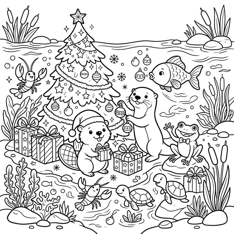 Celebrate a unique Christmas with our delightful river animals coloring page! Join adorable beavers, otters, and their aquatic friends as they gather around a festive tree, ready for your creative splash of color.