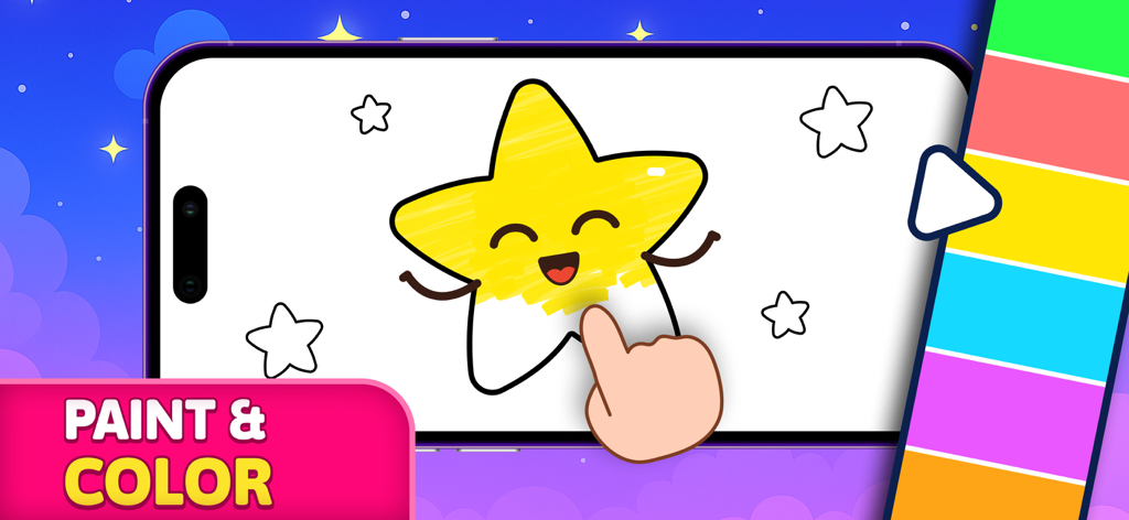 Kids Drawing Games: Color,Draw - A child coloring a happy yellow star character in a kids drawing and painting app.