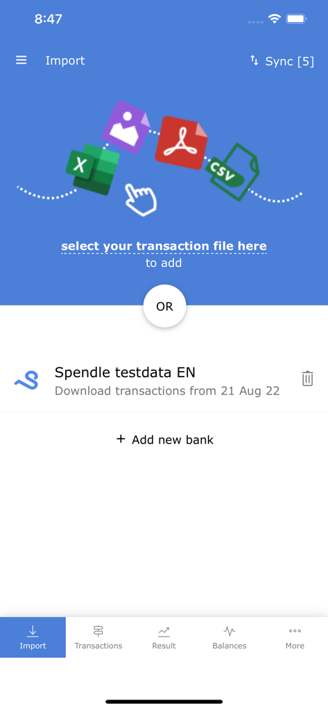 Excel 및 CSV 파일을 업로드하는 옵션이 있는 가져오기 거래 화면을 보여주는 Spendle 모바일 앱 인터페이스