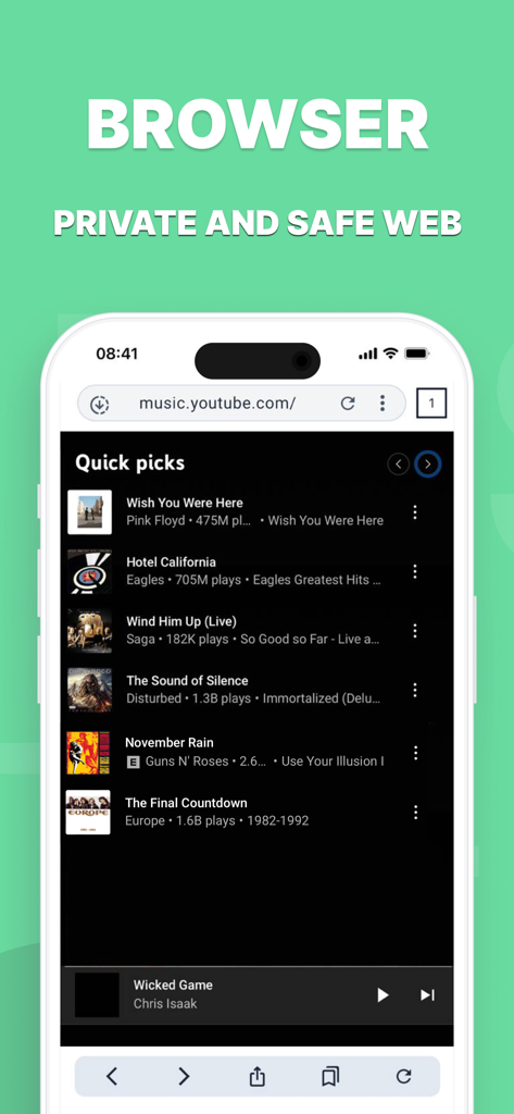 Mobile app screenshot of a private web browser displaying music tracks on a smartphone