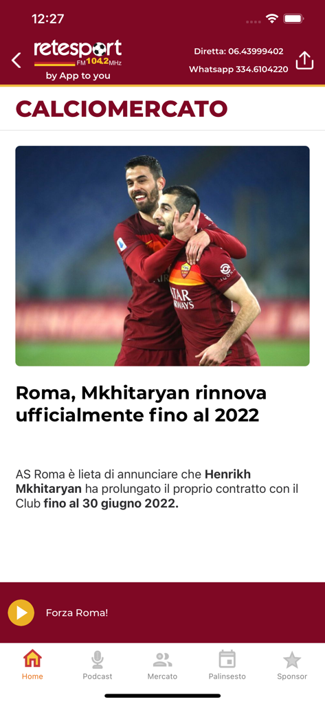 Schermata notizie dell'app Retesport che mostra l'annuncio del rinnovo del contratto di un calciatore dell'AS Roma