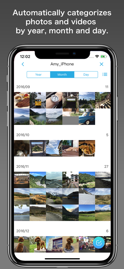 Qubii Pro - Qubii Proアプリのスクリーンショット。写真と動画が年と月ごとに自動的に整理されて表示されています。