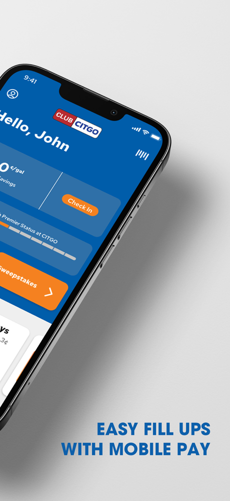 Club CITGO app interface showing fuel rewards and mobile payment options