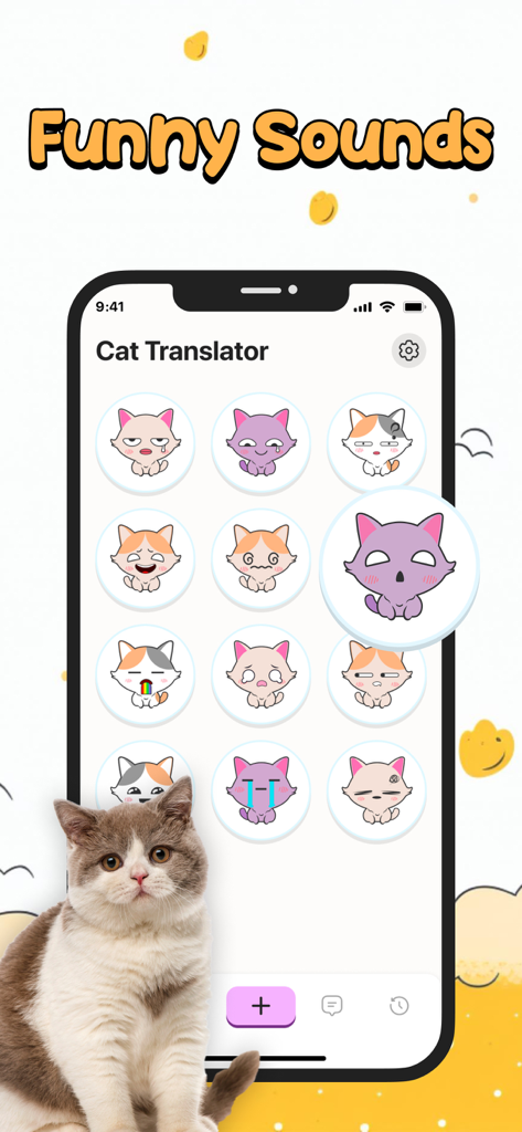 Cat Translator: Human to Cat. - Interfaccia dell'app mobile Cat Translator che mostra varie icone di emozioni di gatto per suoni divertenti