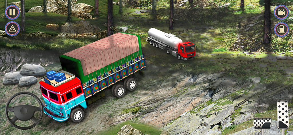 A colorful Desi cargo truck driving on a rocky mountain road with a tanker truck in the background