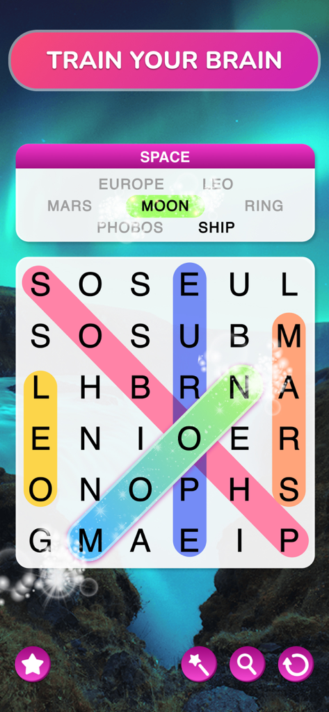 Word Search Journey - Puzzle - Gameplay of Word Search Journey featuring a space category puzzle with words like moon and mars highlighted.