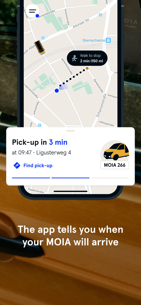 MOIA - MOIA app screen showing live shuttle arrival time and map directions to the pickup stop