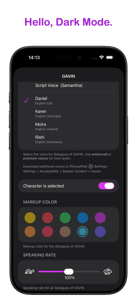 Script Buddy actor rehearsal app interface showing character settings and voice selection in dark mode.