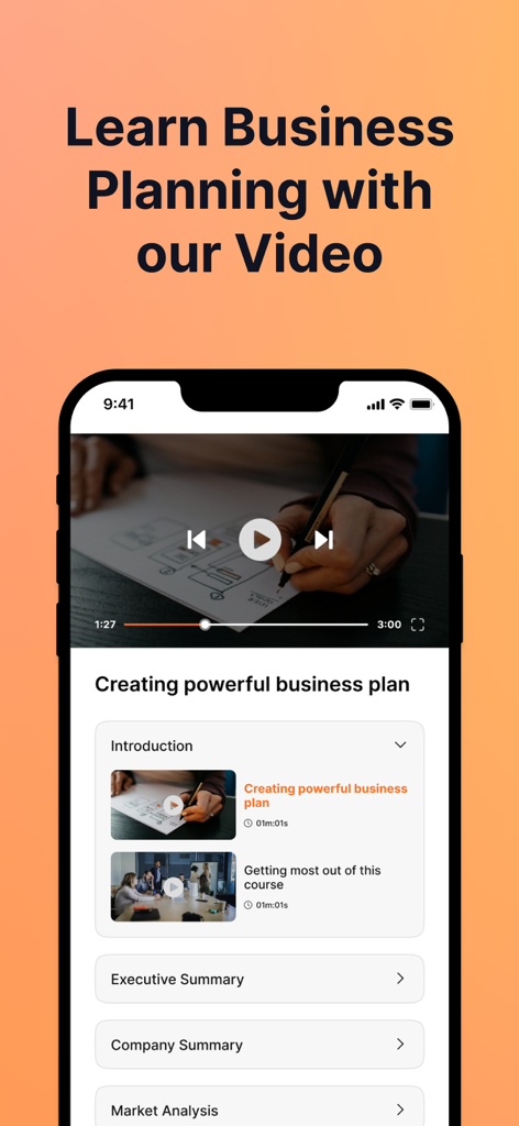 Bizplanr - AI Business Planner - Interface of Bizplanr app featuring a video tutorial on creating a business plan