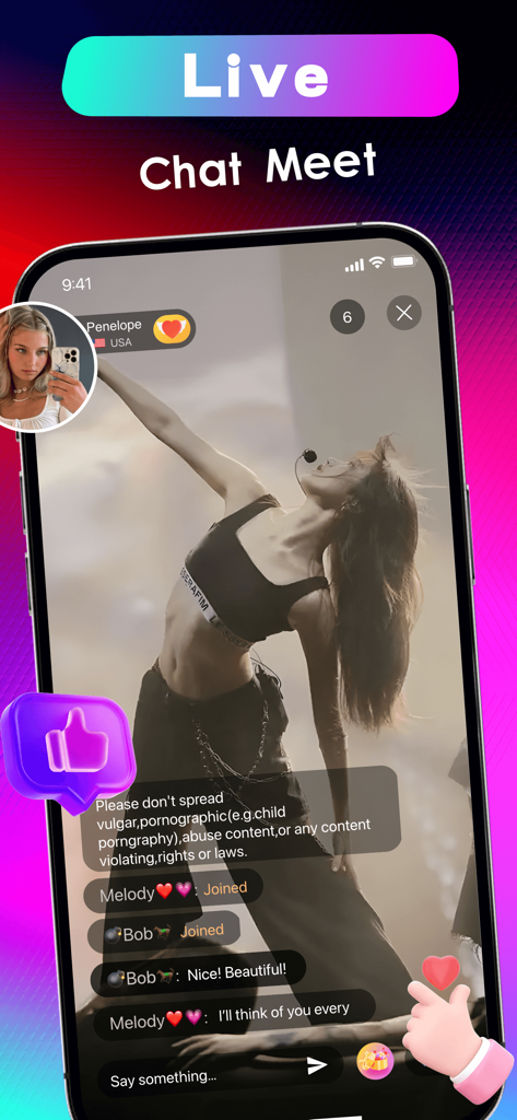 Fanliv: Girl Chat，Fun Show - Interfaz de transmisión en vivo con un ídolo actuando y mensajes de chat en tiempo real en la aplicación Fanliv.