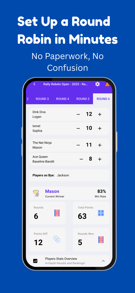 Pickleball tournament app showing round robin match scores and player statistics