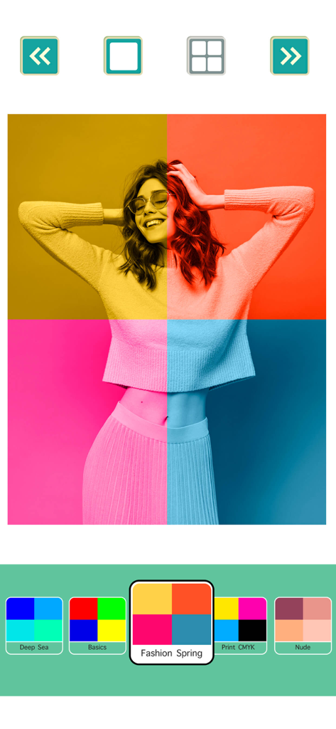 Pop Art filters and effects - Mobile photo editing app showing a woman with a vibrant four-quadrant pop art filter