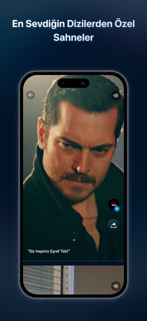 Un'interfaccia video verticale all'interno dell'app Kanal D che mostra una scena ad alta drammaticità di una serie turca.