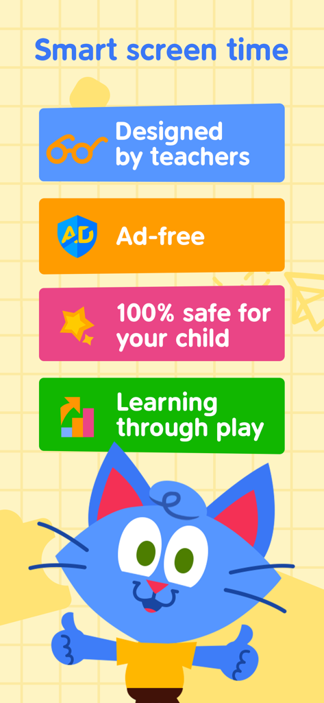 Kidori - Kids Learning Games - 先生が設計、広告なし、子供に安全、遊びを通じた学びなどの特徴を紹介するKidoriアプリのハイライト