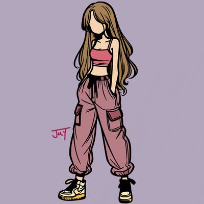 girl in baggy pants crop top and long hair