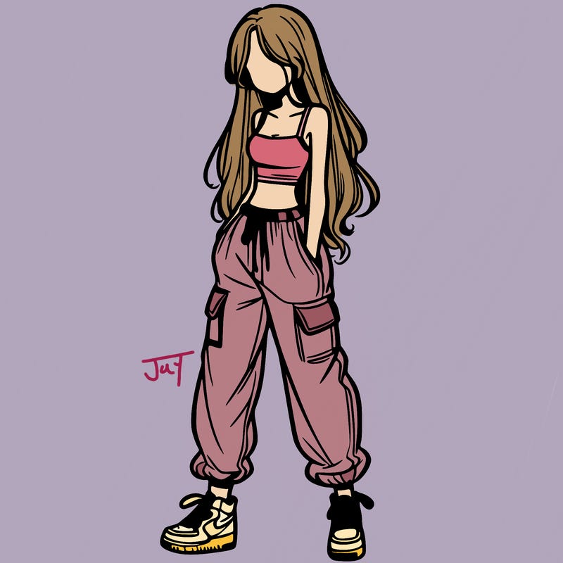 girl in baggy pants crop top and long hair