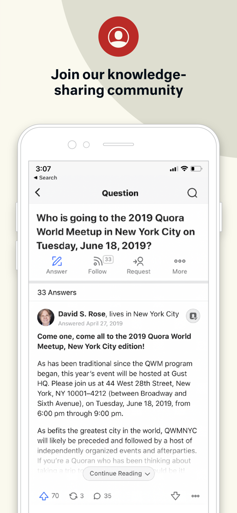 Quora Mobile App-Oberfläche, die eine Frage-und-Antwort-Sitzung über eine Gemeinschaftsveranstaltung zeigt