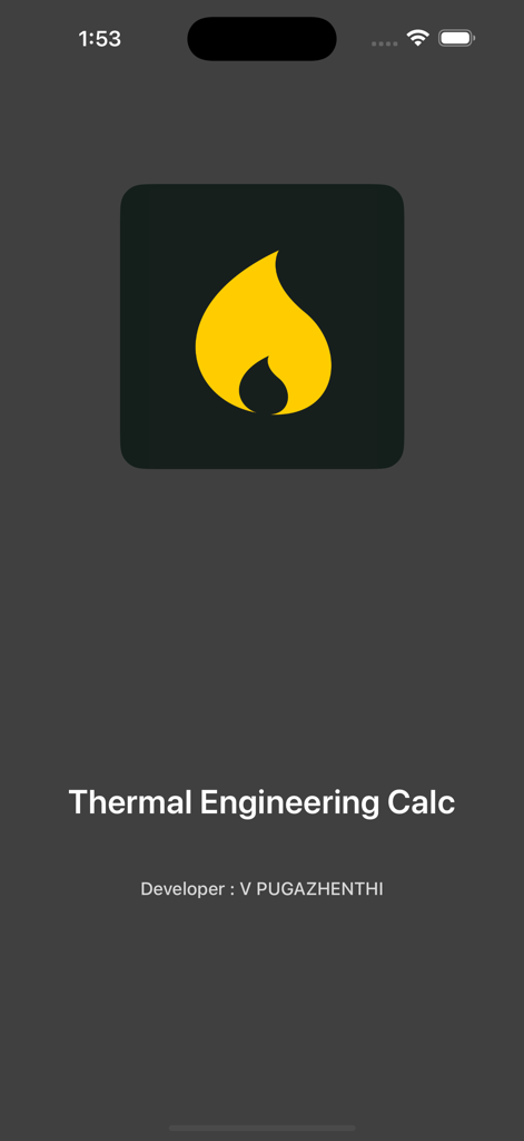 Thermal Engineering Calc app splash screen featuring a yellow flame icon on a dark background