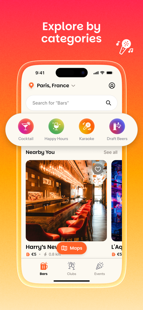 The Seeker app interface showing bar categories like cocktails and happy hours in Paris
