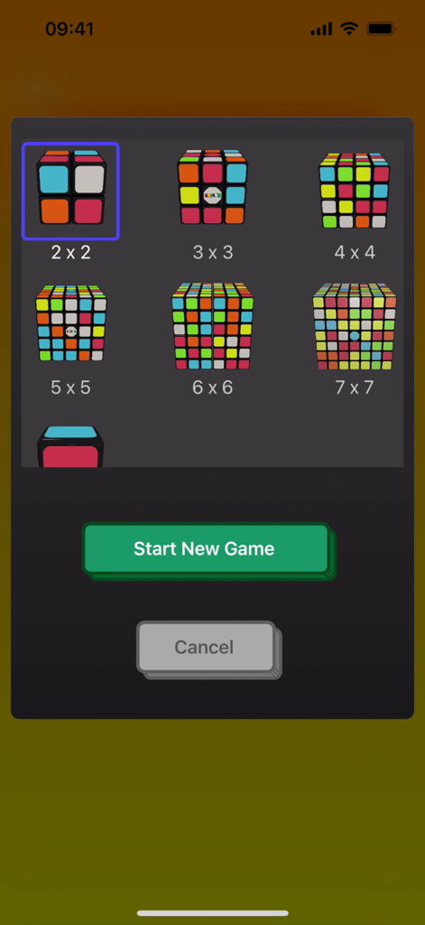 3D Magic Cube Puzzle - Menú de selección de rompecabezas de cubo mágico que van desde tamaños 2x2 hasta 7x7.