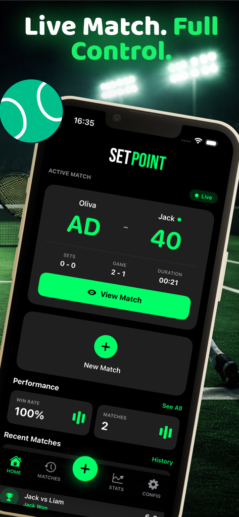 Panel de la app rastreadora de tenis SetPoint que muestra una puntuación de partido en vivo con estadísticas de rendimiento de tasa de victorias