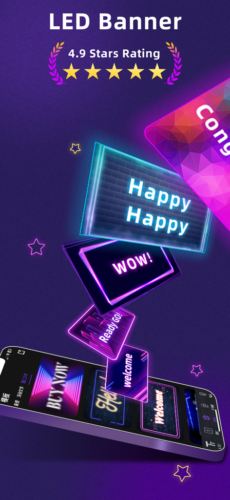 LED Banner - Big Text Scroller - Smartphone mostrando varias plantillas de banner LED de neón como Feliz Feliz y Bienvenido