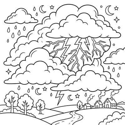 Ignite creativity with this thrilling sheet lightning coloring page, perfect for young adventurers. Children can bring to life a dramatic stormy night, complete with towering clouds, vibrant lightning, and a cozy village.