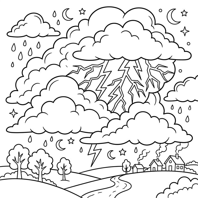Ignite creativity with this thrilling sheet lightning coloring page, perfect for young adventurers. Children can bring to life a dramatic stormy night, complete with towering clouds, vibrant lightning, and a cozy village.